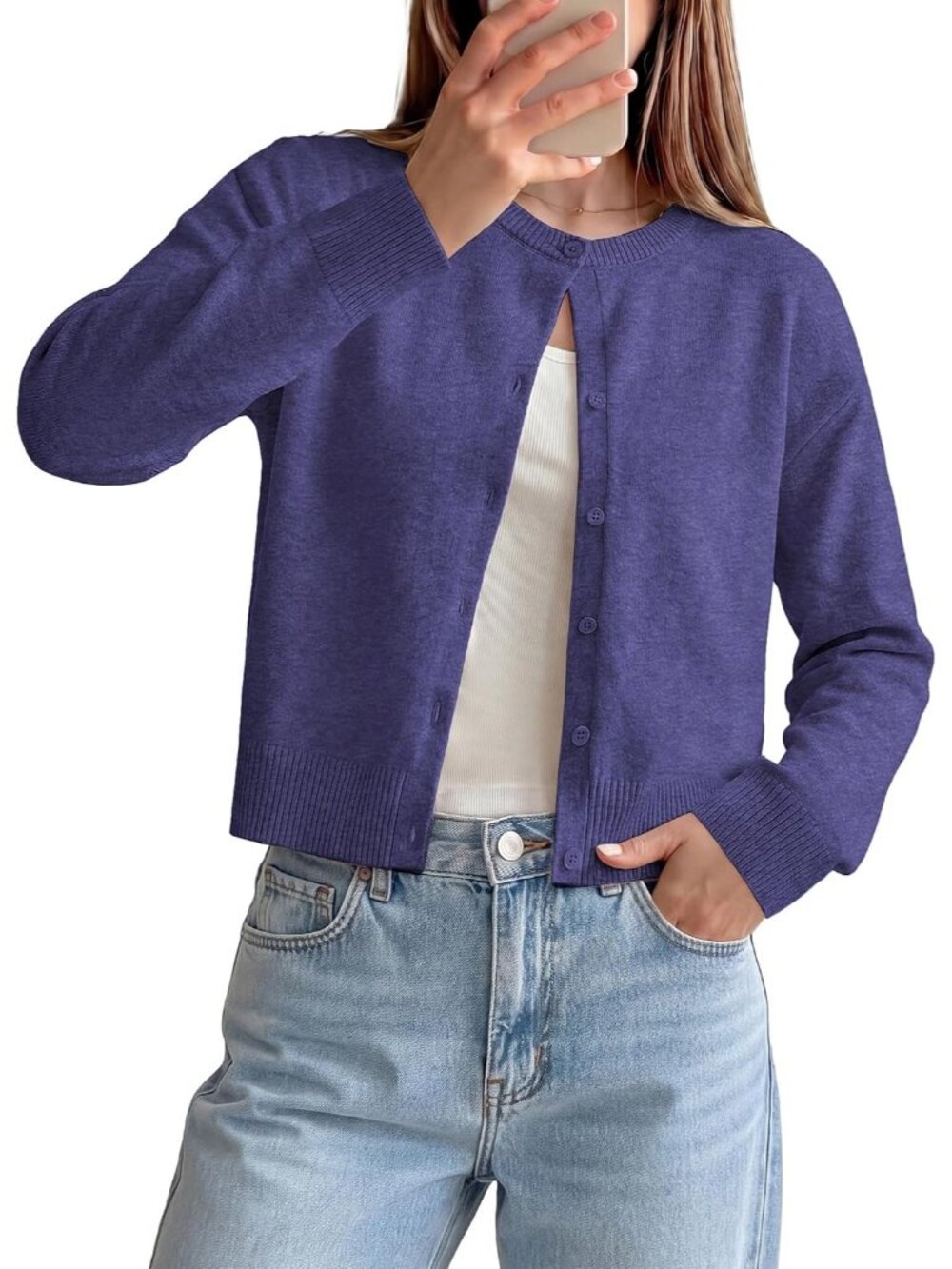 🆕Women Deep Purple Cropped Knit Cardigan Sweater Crew Neck Button Front Jacket